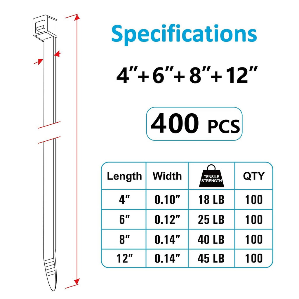 Black zip tie assortment specifications: 4, 6, 8, 12 lengths, 400 pcs