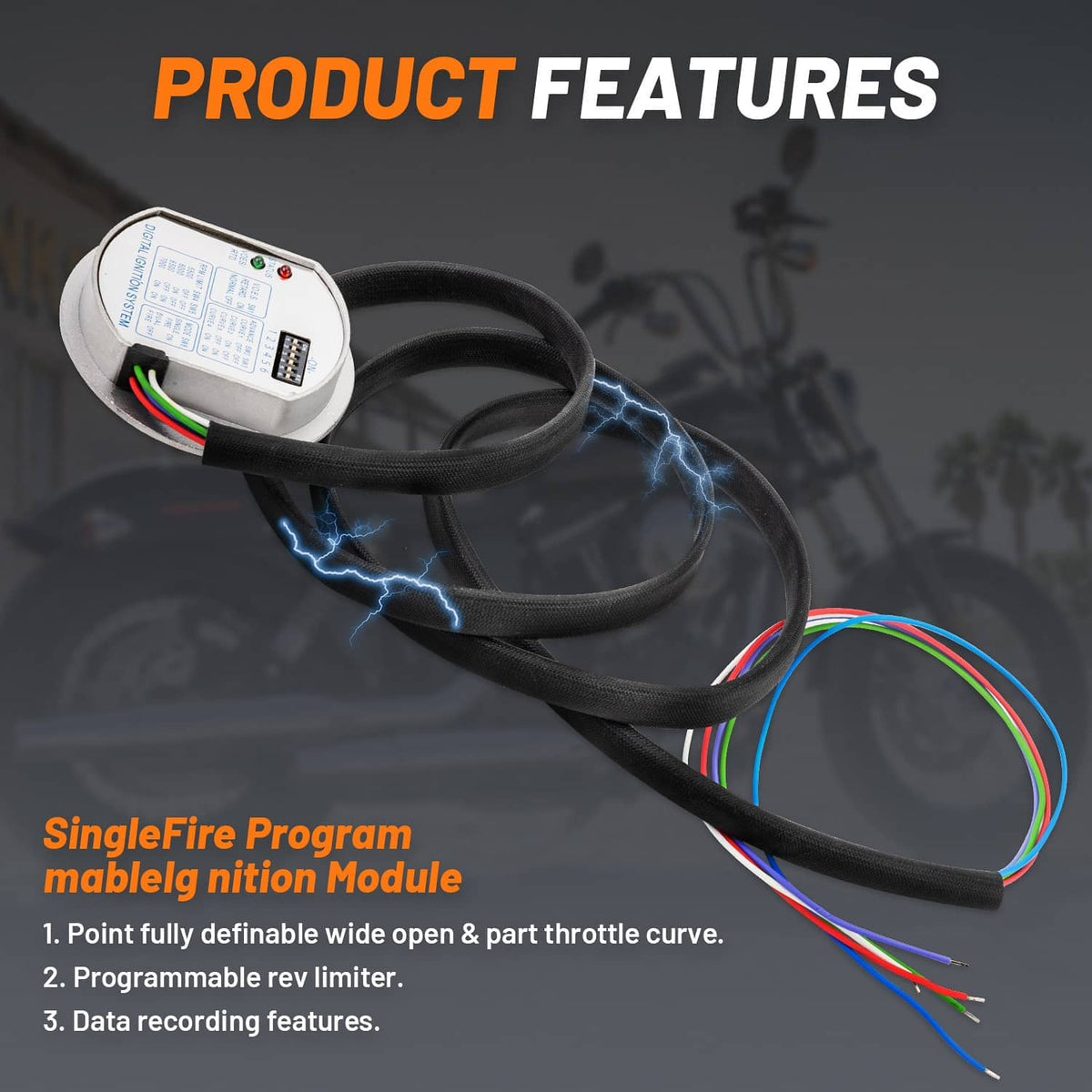 Programmable ignition module control box with black cable and multicolor wiring