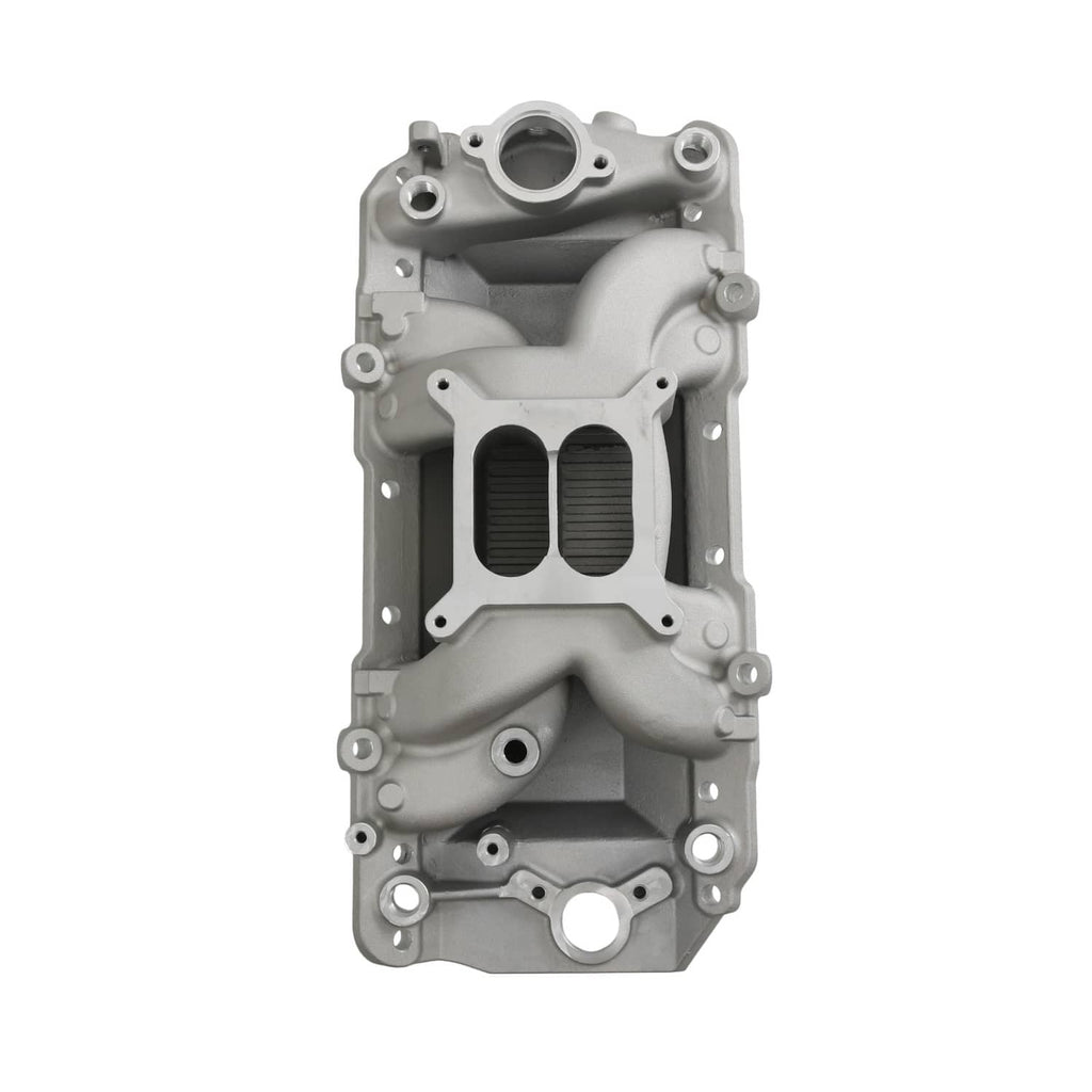 Dual plane intake manifold, front view with two-port intake opening and bolt holes