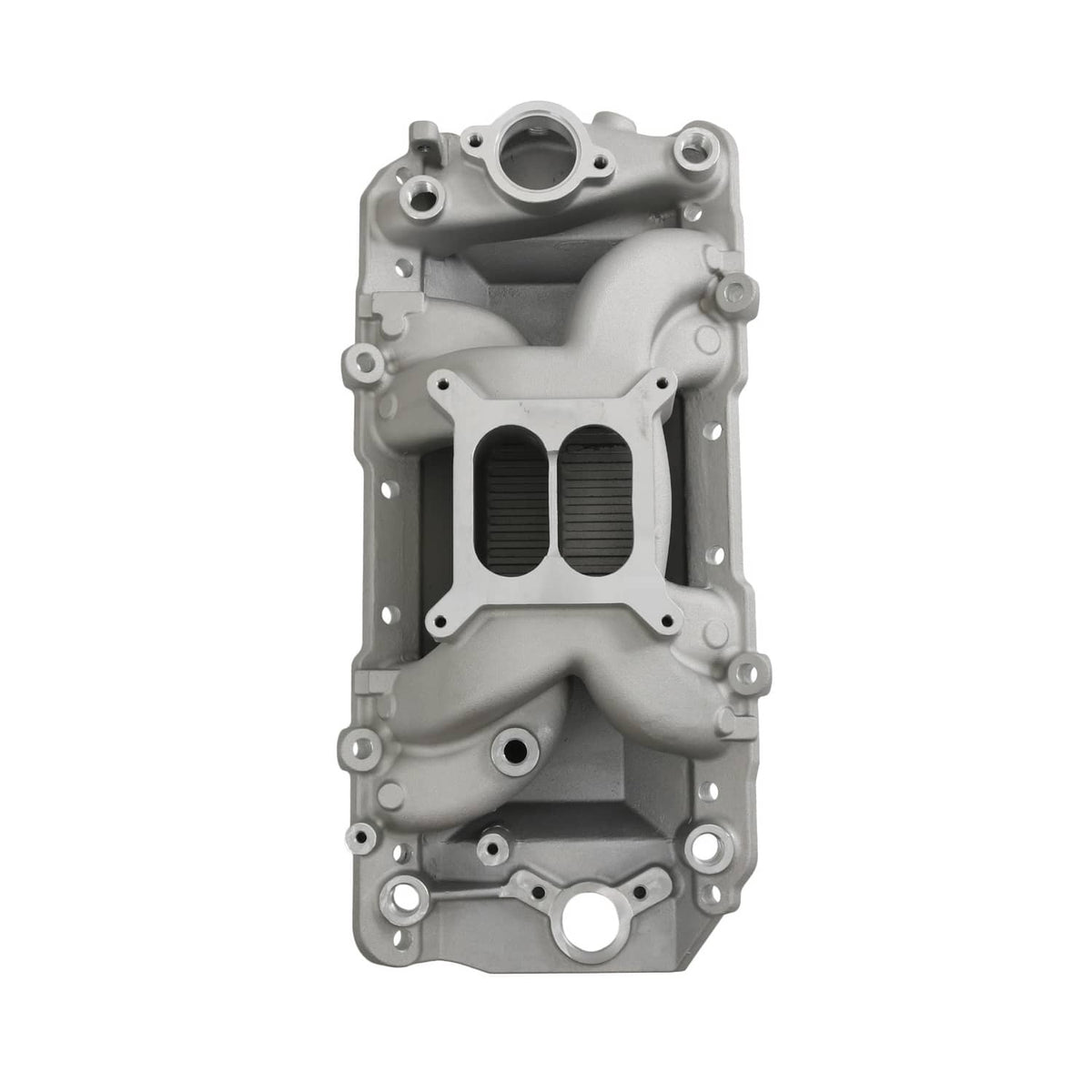 Dual plane intake manifold, front view with two-port intake opening and bolt holes