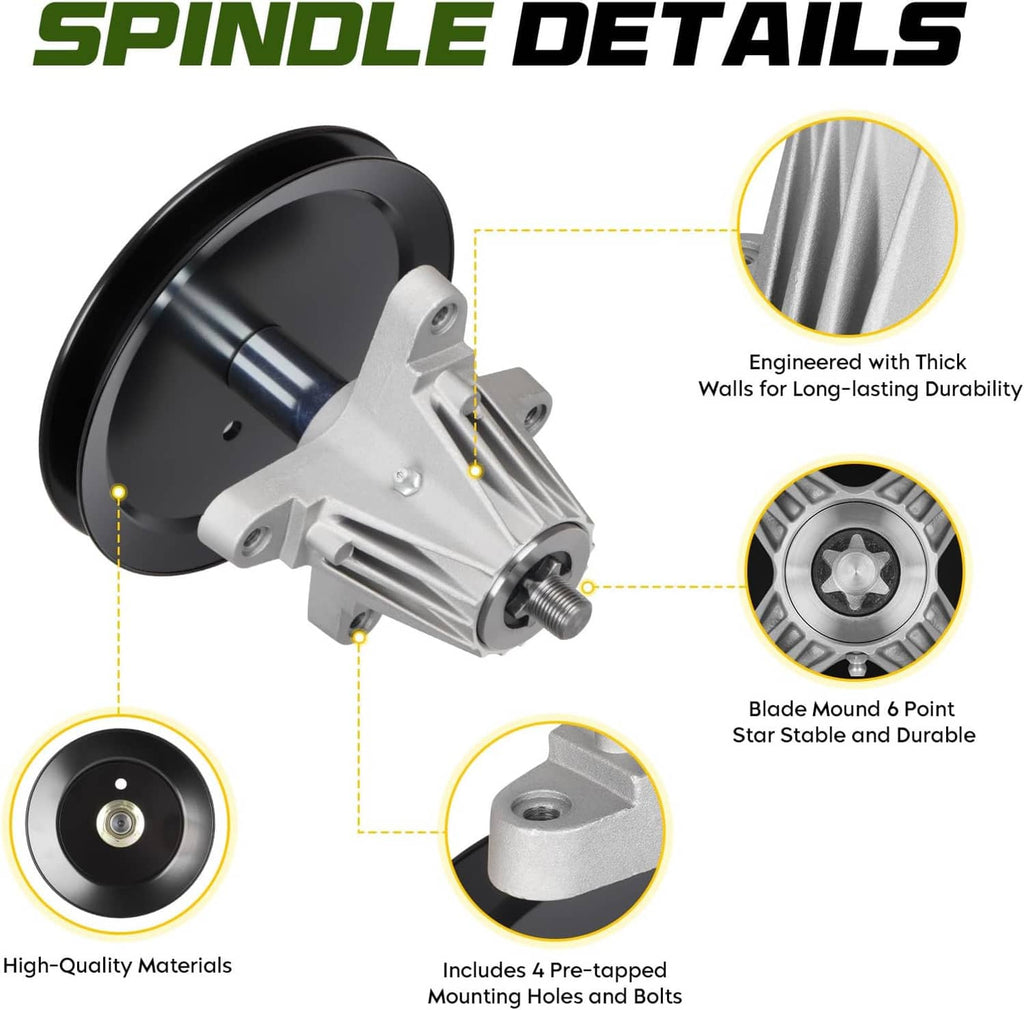 Spindle assembly details: black pulley, silver housing, blade mount, and pre-tapped holes