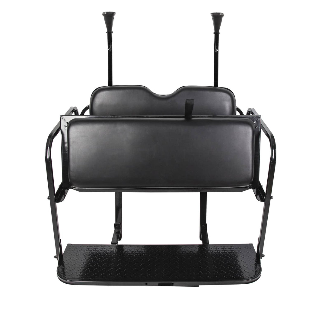 Black flip rear golf cart seat front view with padded backrest and diamond plate foot platform