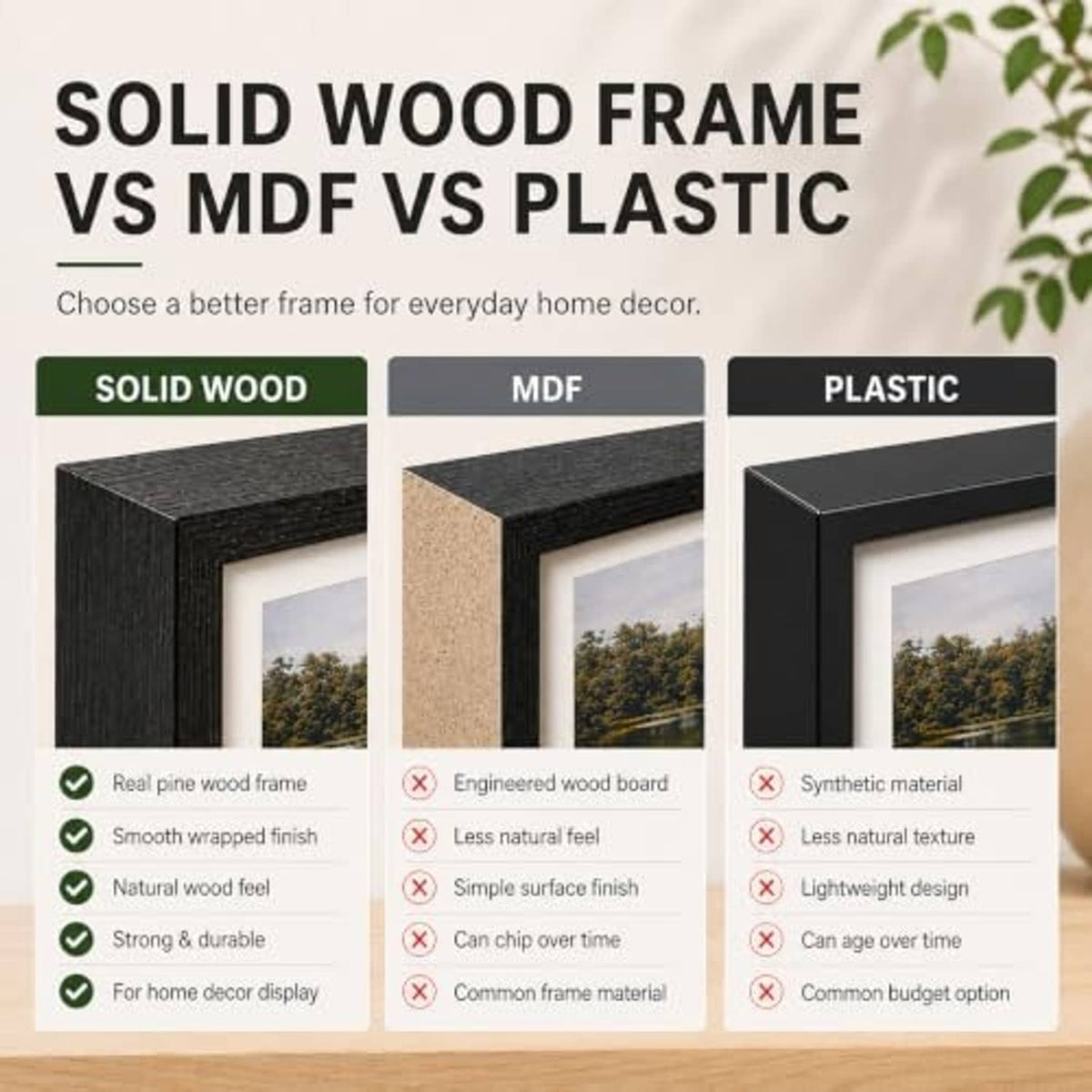 Navy solid wood frame sample vs MDF and plastic in comparison layout