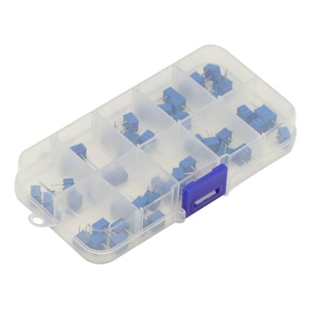 Clear organizer with blue trimmer potentiometers arranged in compartments and hinge latch