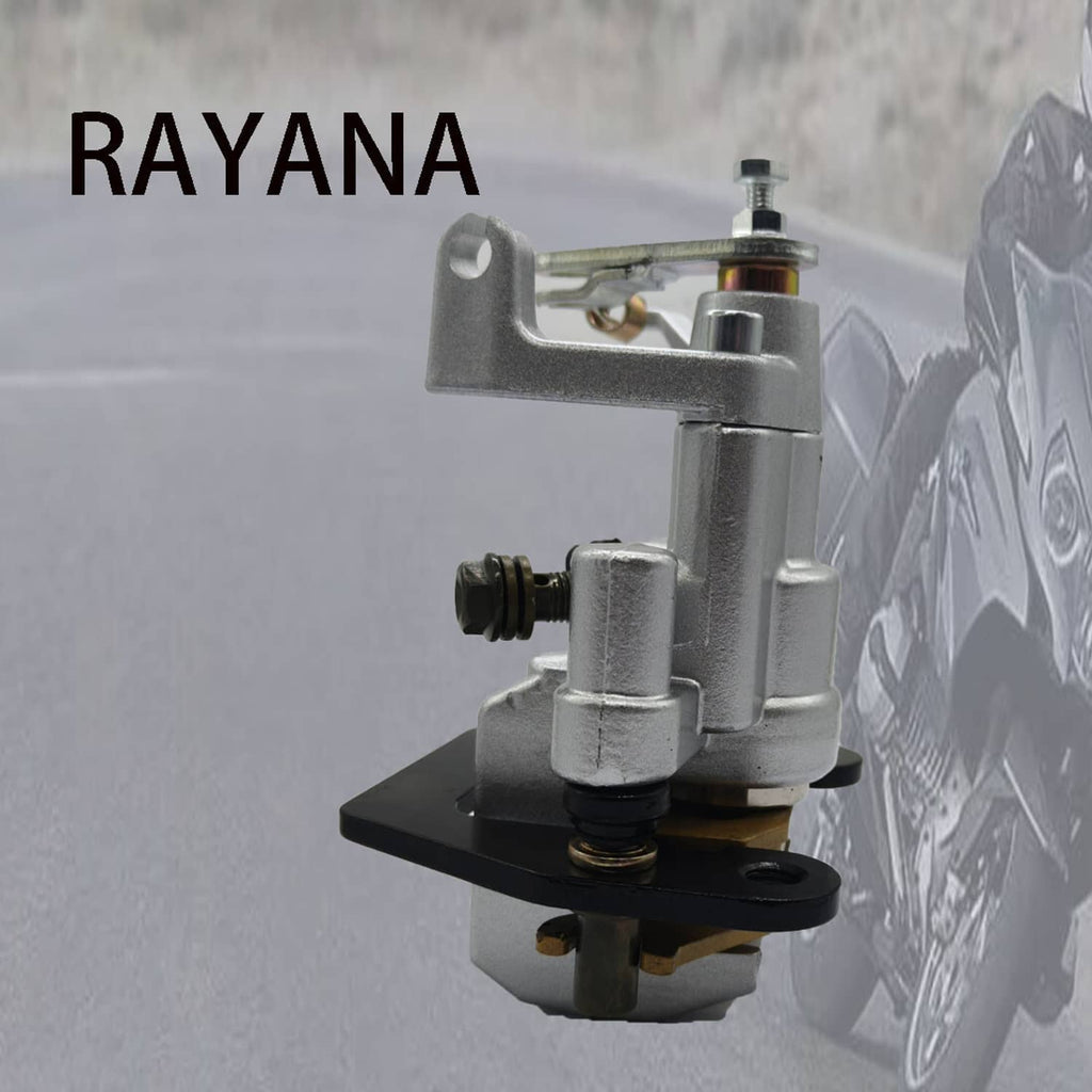 Rear brake caliper assembly, silver housing with spring and hydraulic port, angled view