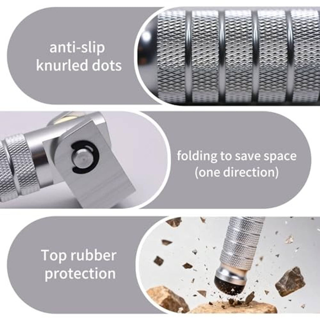 Silver folding foot peg with knurled texture and one-direction space-saving design