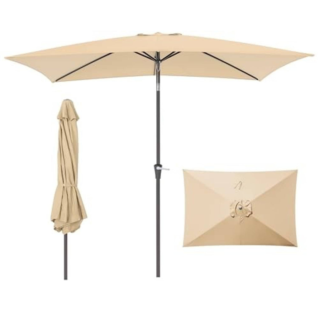 Beige rectangular patio umbrella with black frame and folded fabric cover