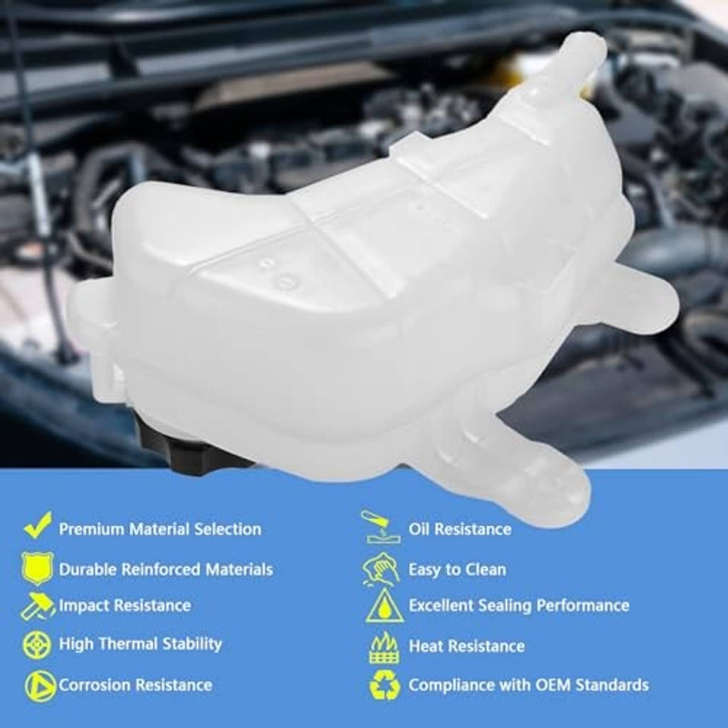 White coolant reservoir tank with integrated hose ports and cap, side view