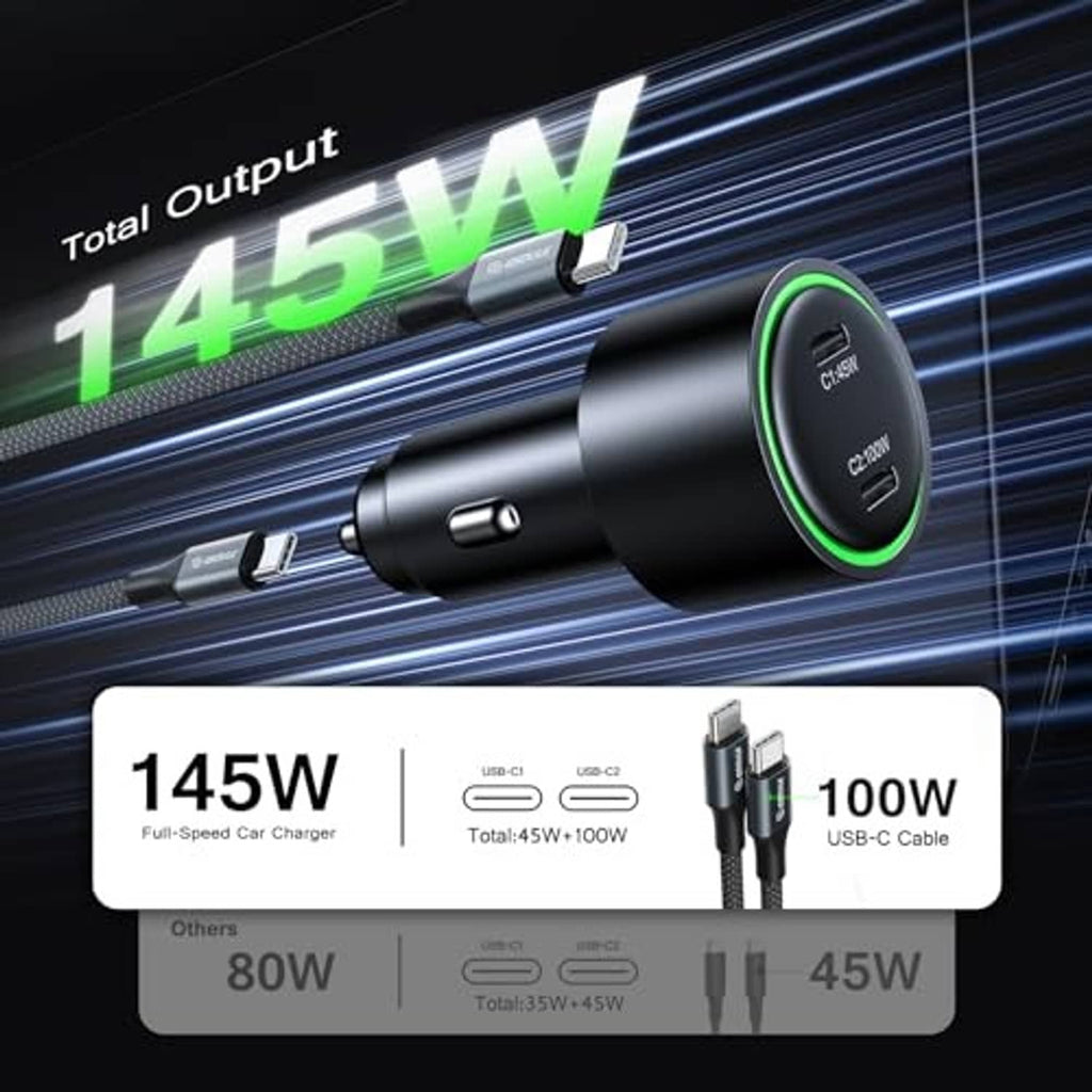 Black USB-C car charger with green LED ring, showing two ports on the body