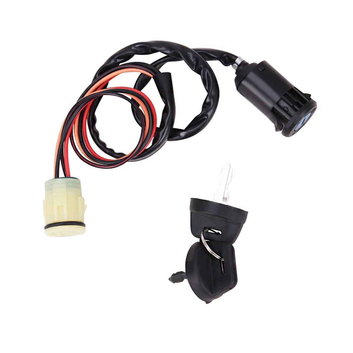 Ignition switch key set with black wire harness, light yellow plug, and key