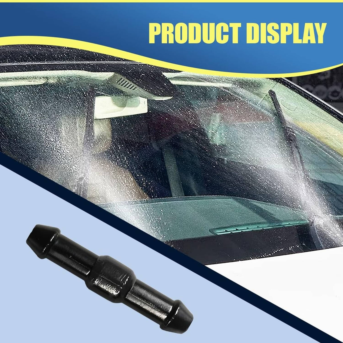 Black 2-way I-type windshield washer hose connector near windshield spray