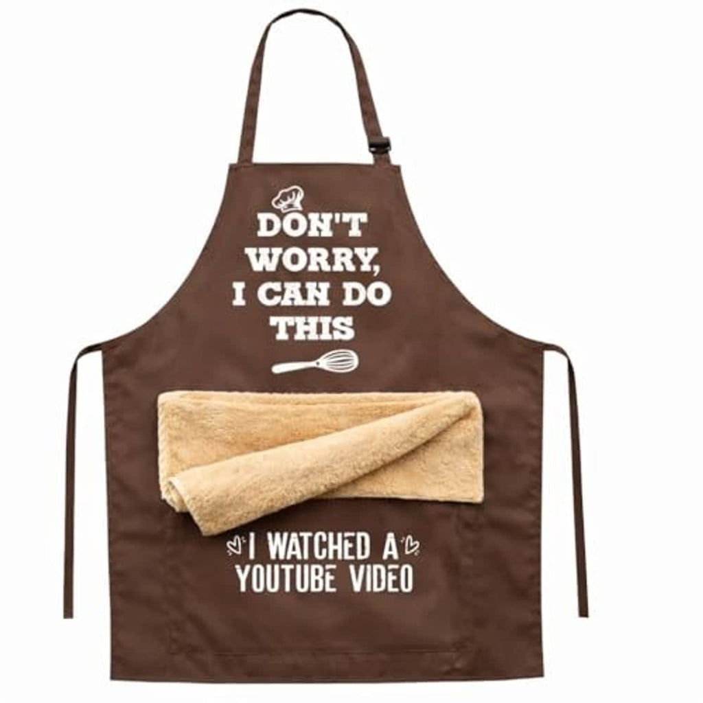 Brown apron with 'DON'T WORRY, I CAN DO THIS' text and towel pocket