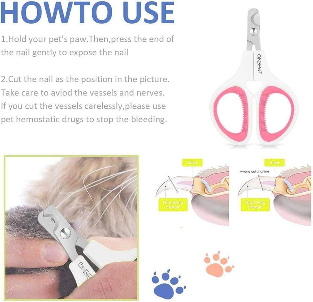 Pet nail clippers with white frame and pink finger loops, side view of curved blades