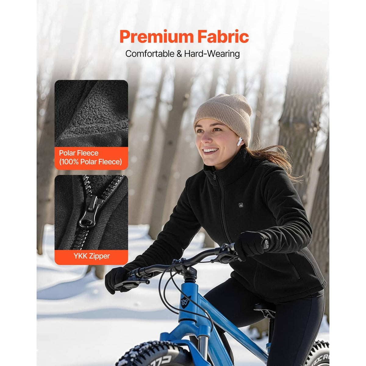 Black polar fleece heated jacket with full-zip and zipper detail inset