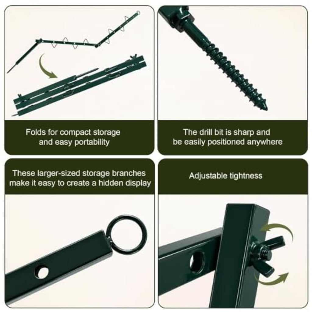 Green foldable hunting stand components with black drill bit protector and bag