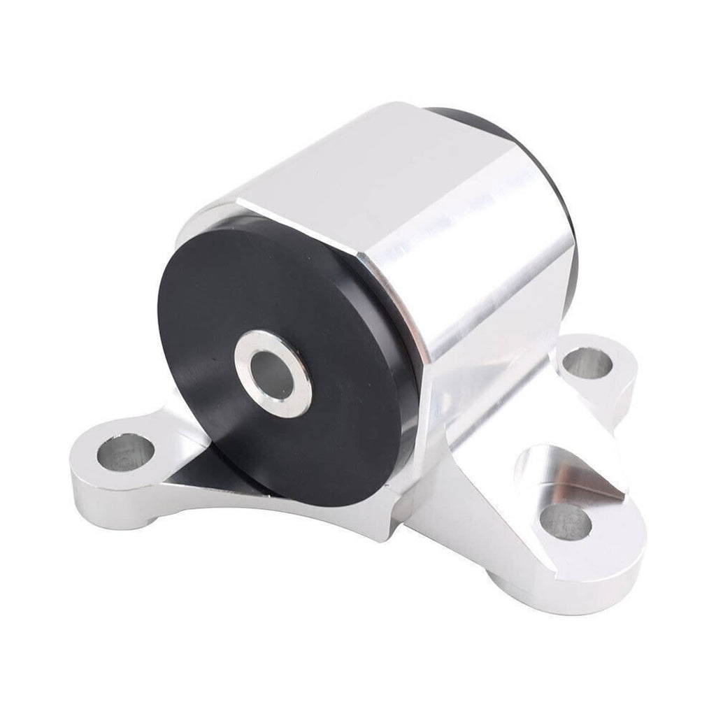 Silver engine motor mount with black rubber bushing and curved side bracket, angled view