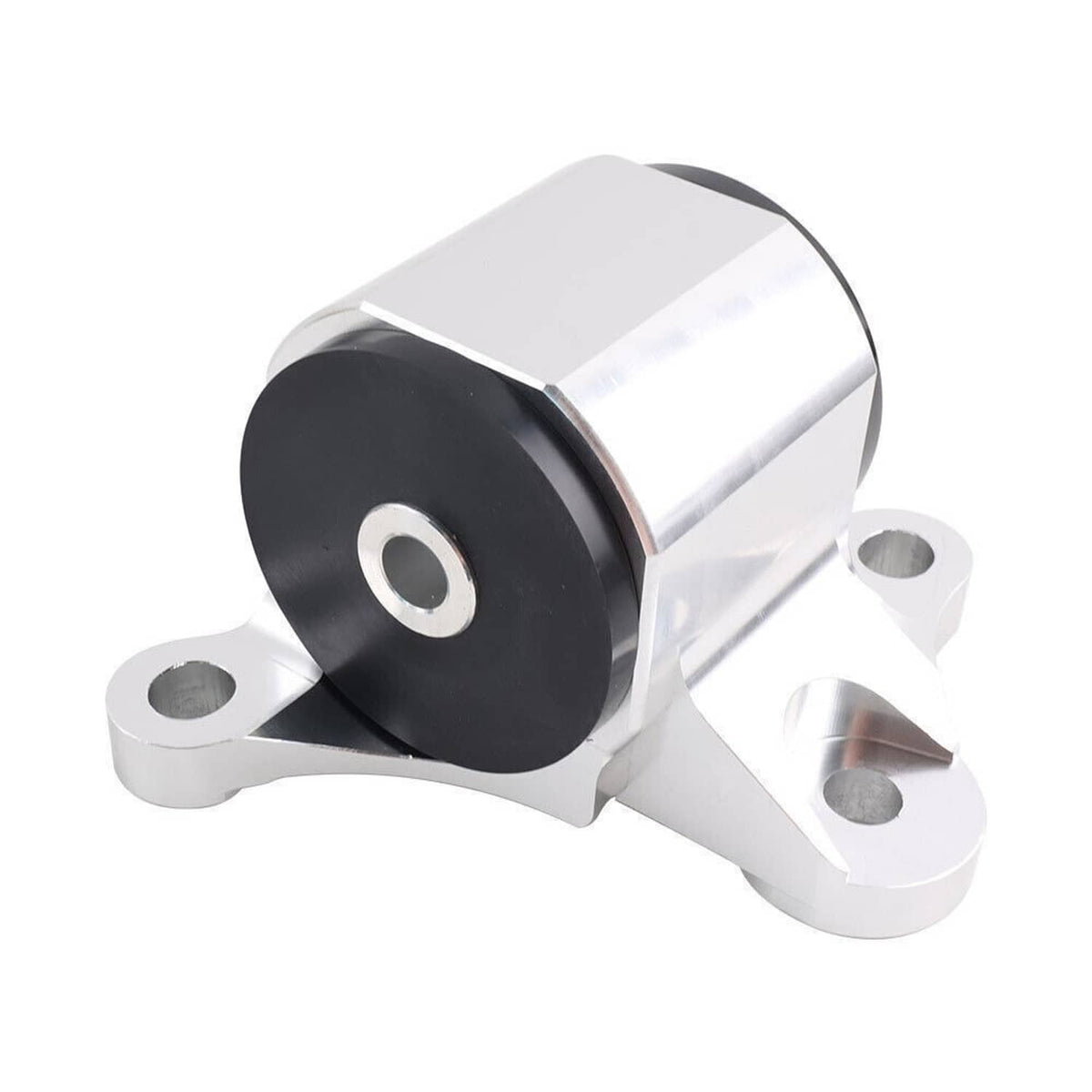 Silver engine motor mount with black rubber bushing and curved side bracket, angled view
