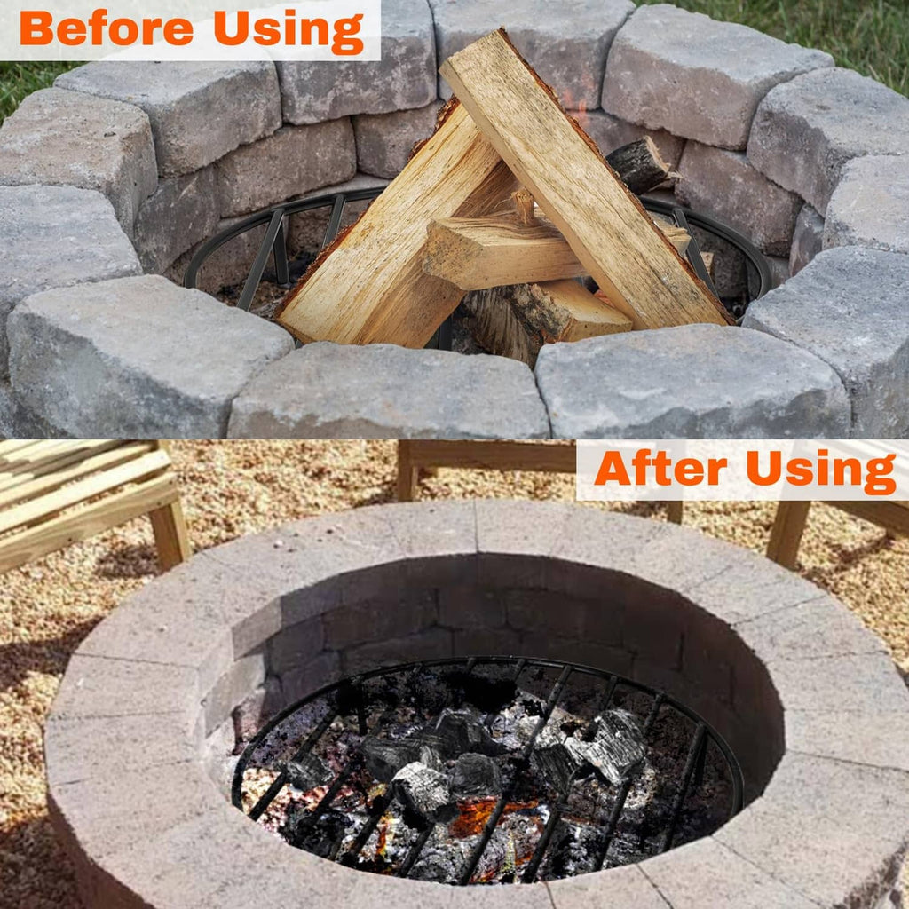Black round fire pit grate over burning coals in a stone fire bowl