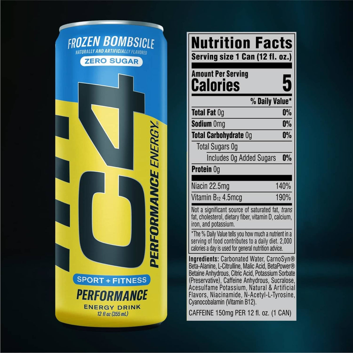 C4 Performance energy drink can with Nutrition Facts - Frozen Bombsicle, zero sugar