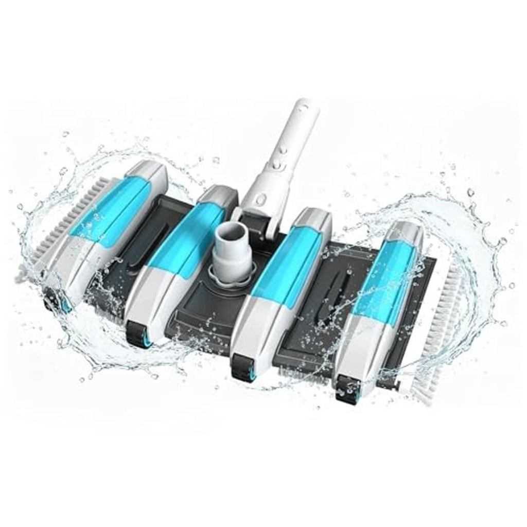 Streamlined blue pool vacuum head with attached bristle rollers and handle