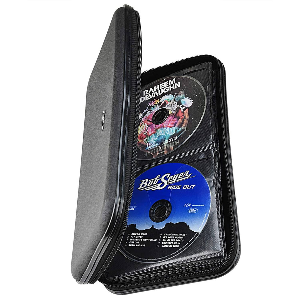 Black hard-shell DVD case wallet with zipper, holding multiple discs in internal sleeves.
