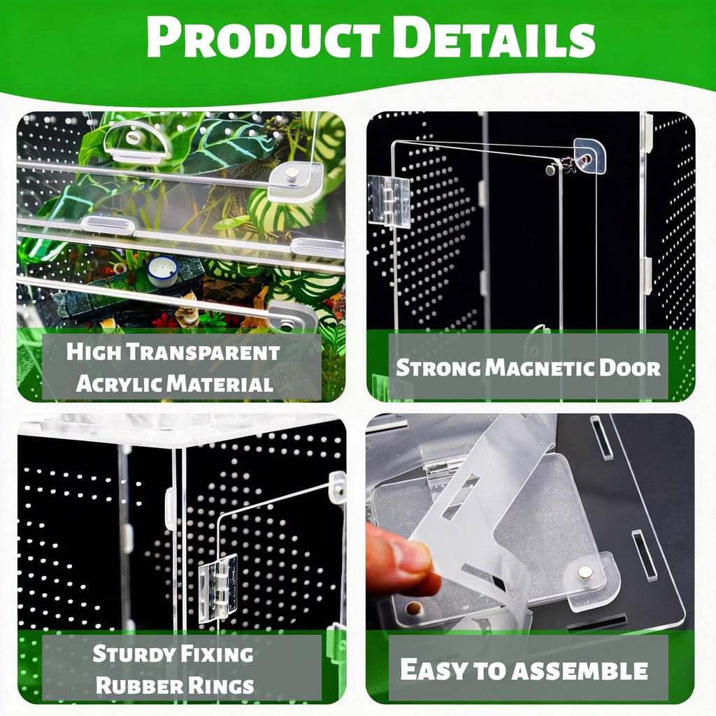 Acrylic enclosure details: clear panels, strong magnetic door, rubber rings, easy assembly