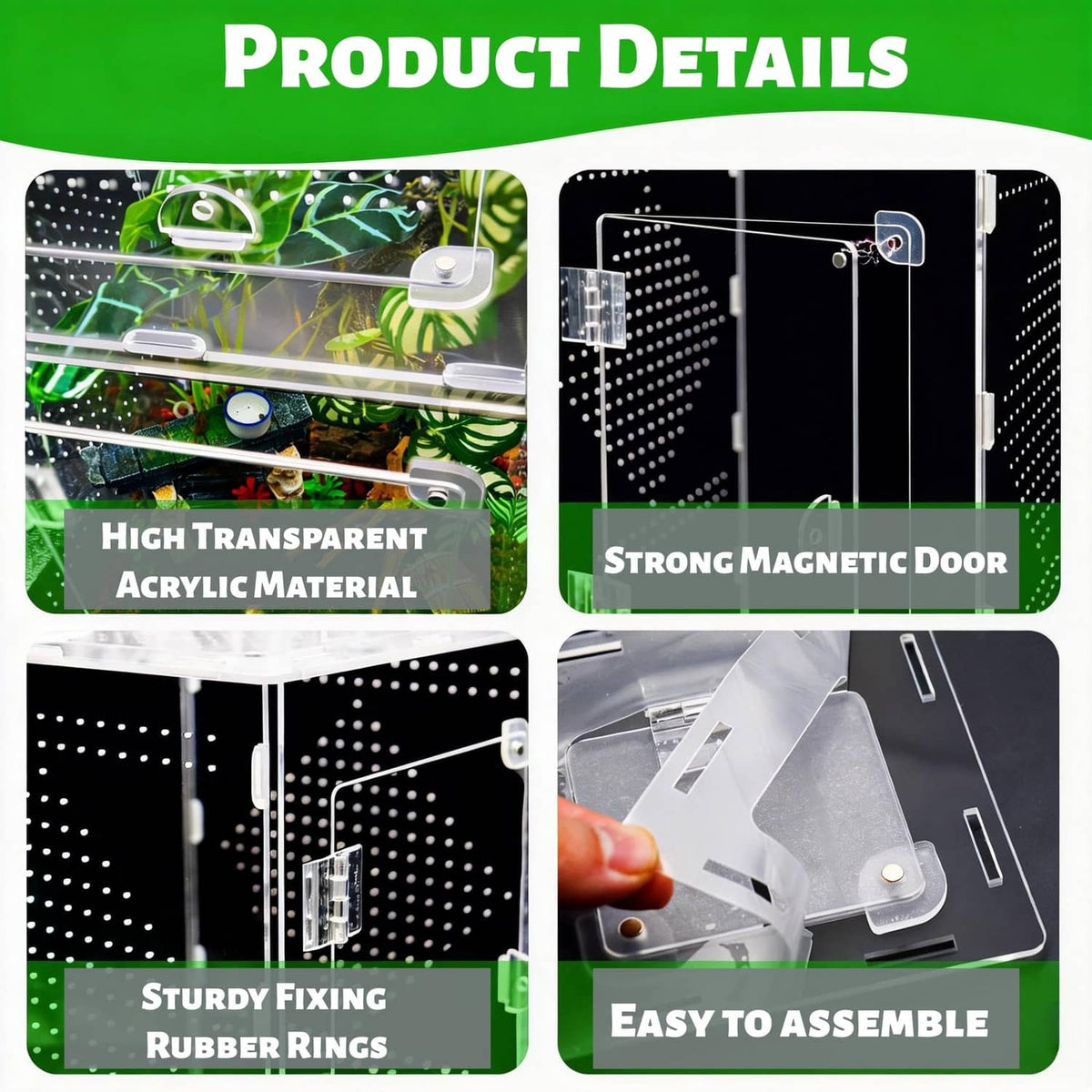 Acrylic enclosure details: clear panels, strong magnetic door, rubber rings, easy assembly