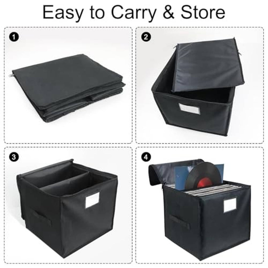 Black vinyl record organizer with zipper lid, side handle and open storage compartment