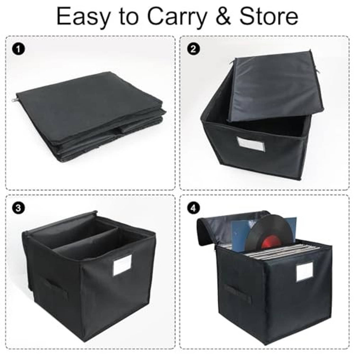 Black vinyl record organizer with zipper lid, side handle and open storage compartment