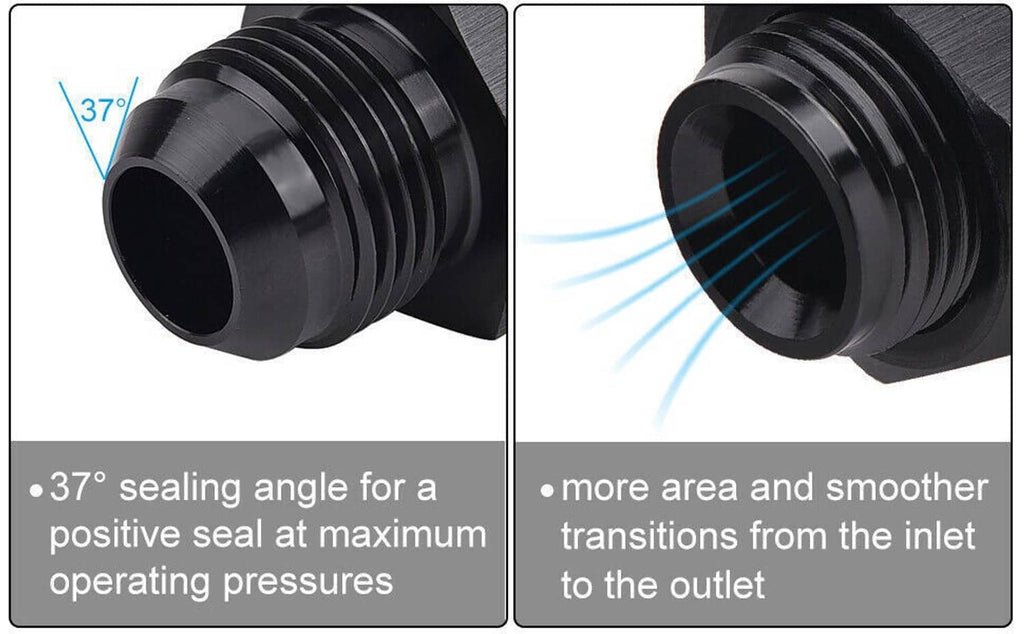 Black AN fitting end with 37-degree sealing groove and white PTFE washer