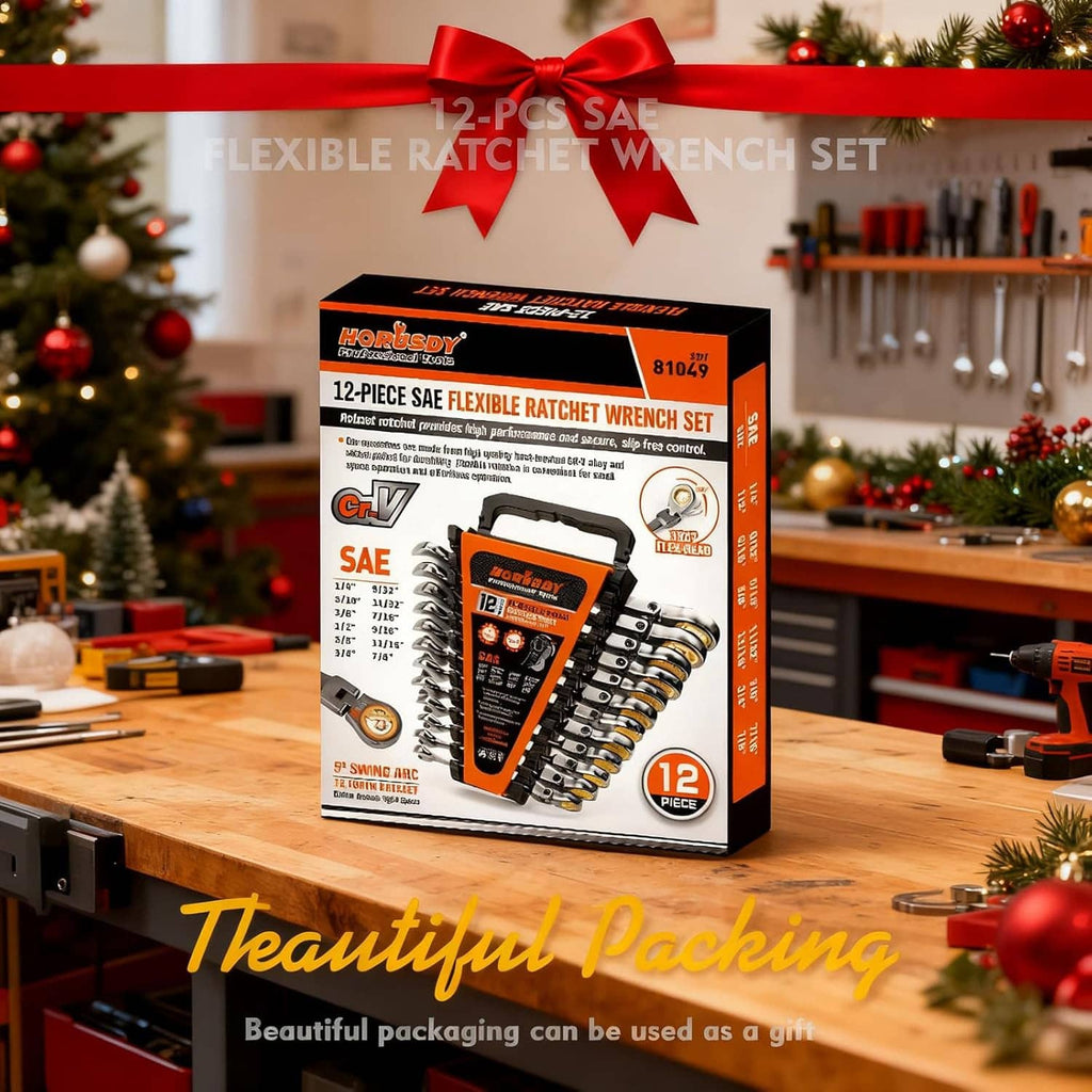 12-piece SAE flexible ratchet wrench set box with orange front label and organizer image