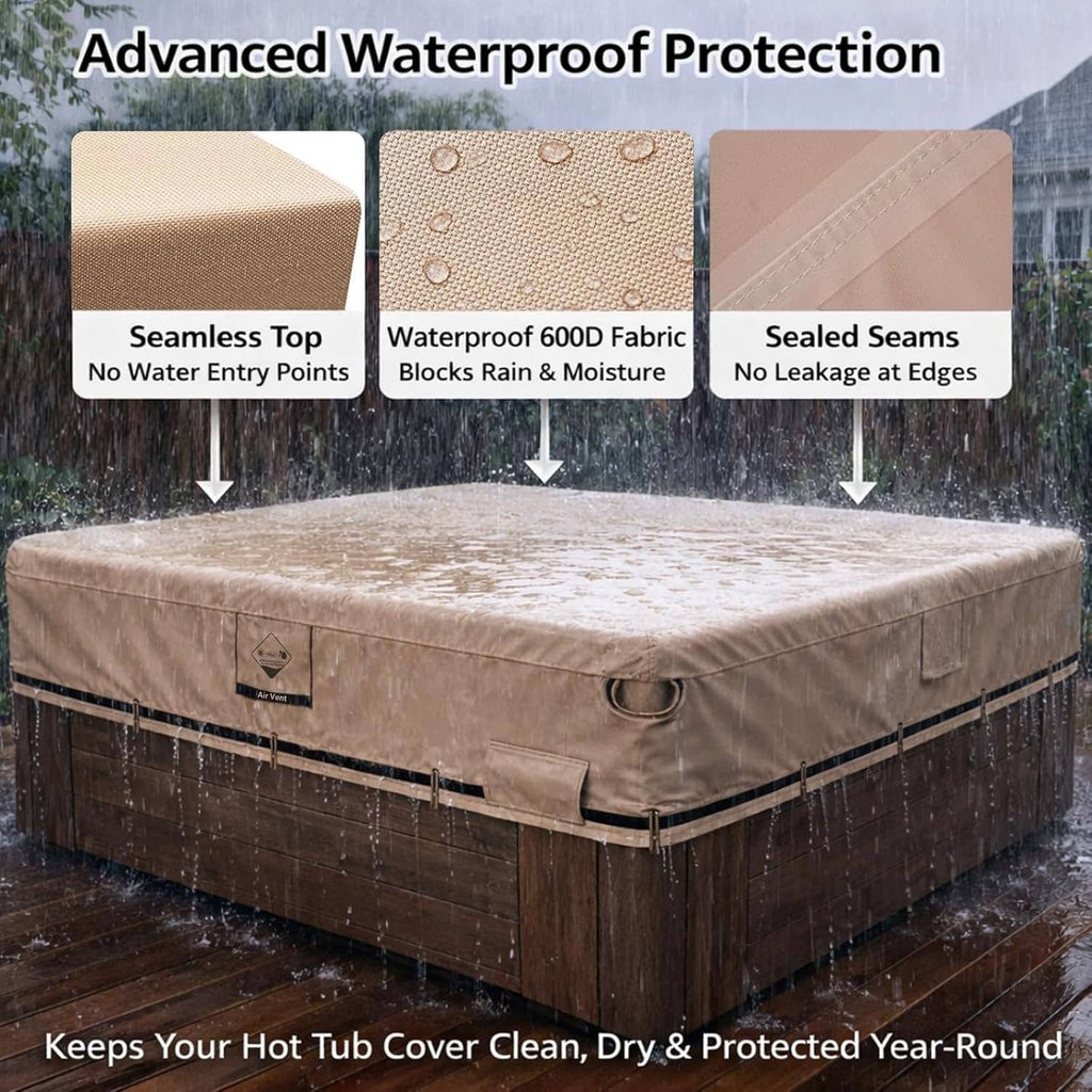 Beige hot tub cover with textured waterproof fabric and sealed seam edge detail