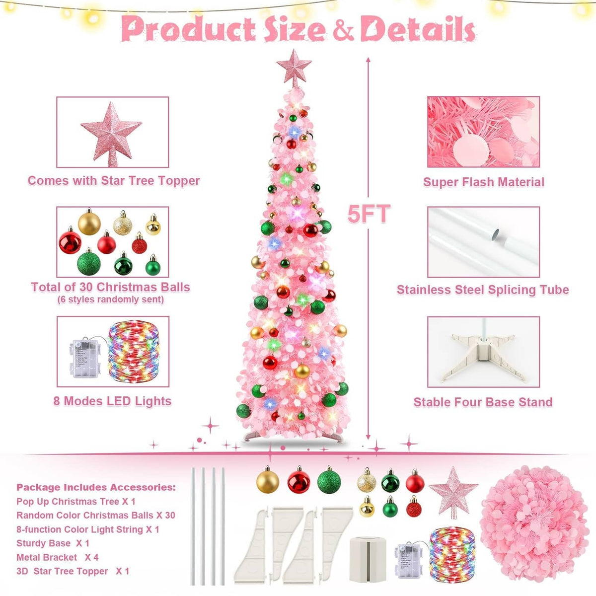 Pink 5 ft Christmas tree with star topper, LED lights and 30 multicolor balls