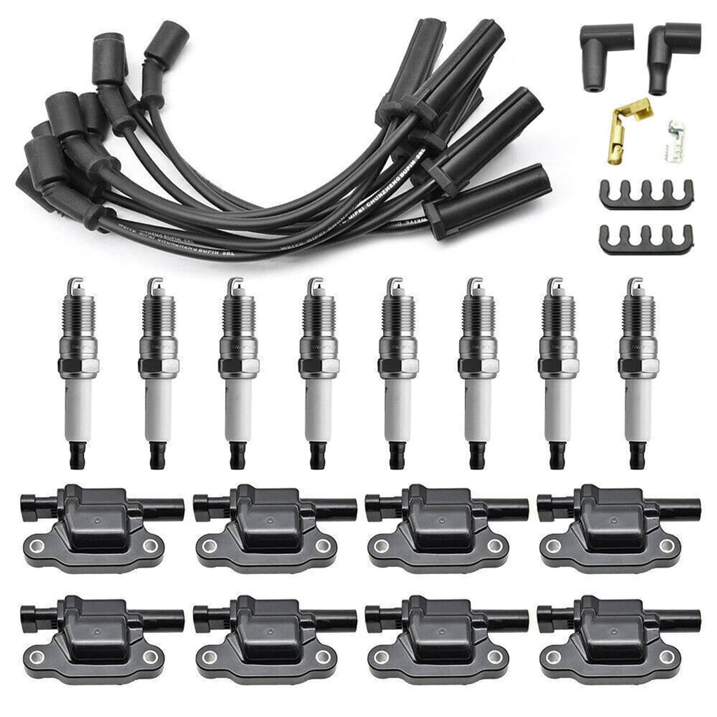 Ignition coil and spark plug set with black wire harness, eight spark plugs, four coils