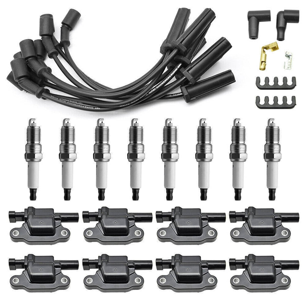 Ignition coil and spark plug set with black wire harness, eight spark plugs, four coils