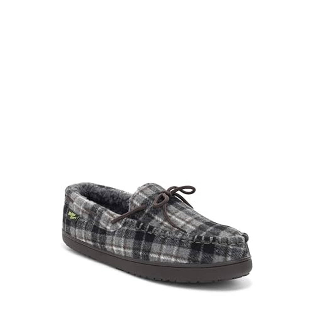 Grey plaid moccasin slippers with lace-up top and cushioned dark sole