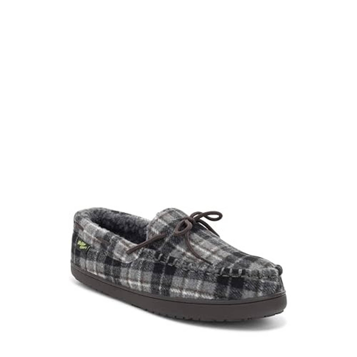 Grey plaid moccasin slippers with lace-up top and cushioned dark sole