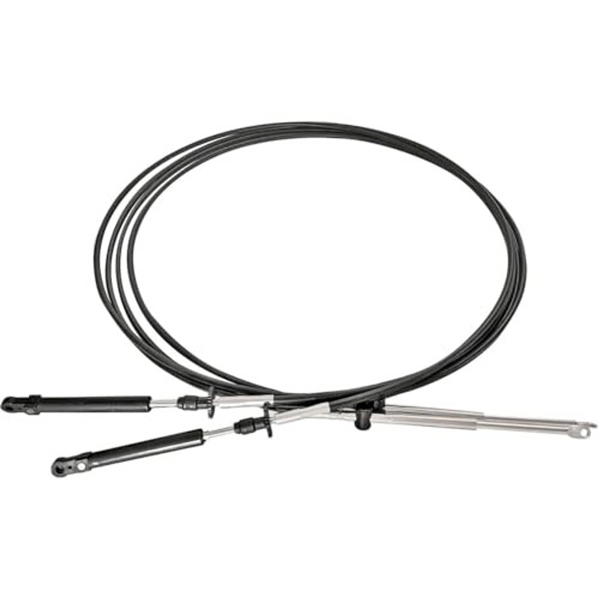 Throttle and shift remote control cable set with two black cable lines and silver rods