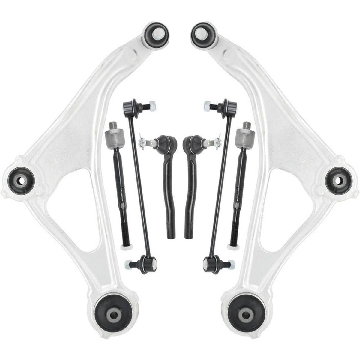 White front lower control arm set with black bushings and ball-joint link hardware