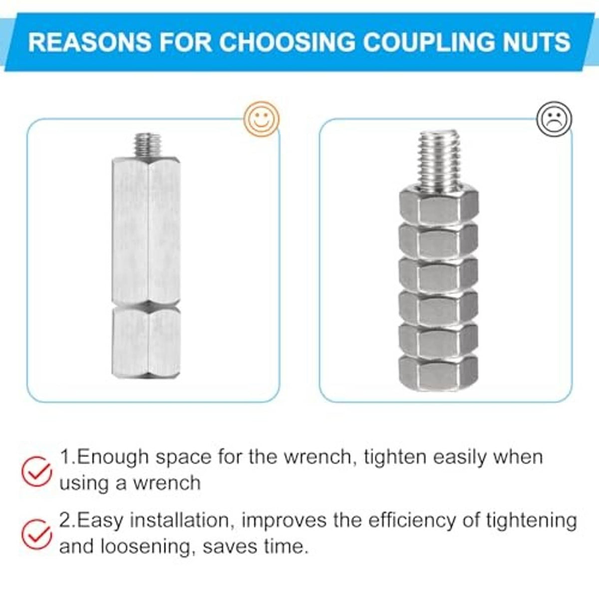 Stainless steel hex coupling nuts for secure fastening, hex head with threaded bore
