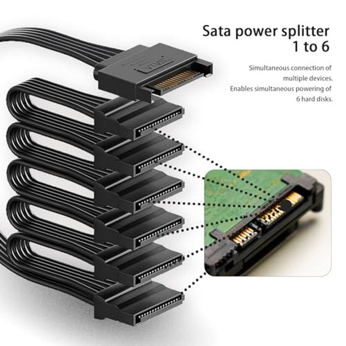 SATA power splitter cable 1-to-6 with 15-pin input and six SATA power outputs
