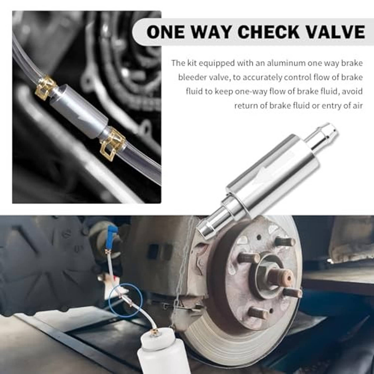 Brake bleeder bottle kit with one-way check valve and metal adapter hose