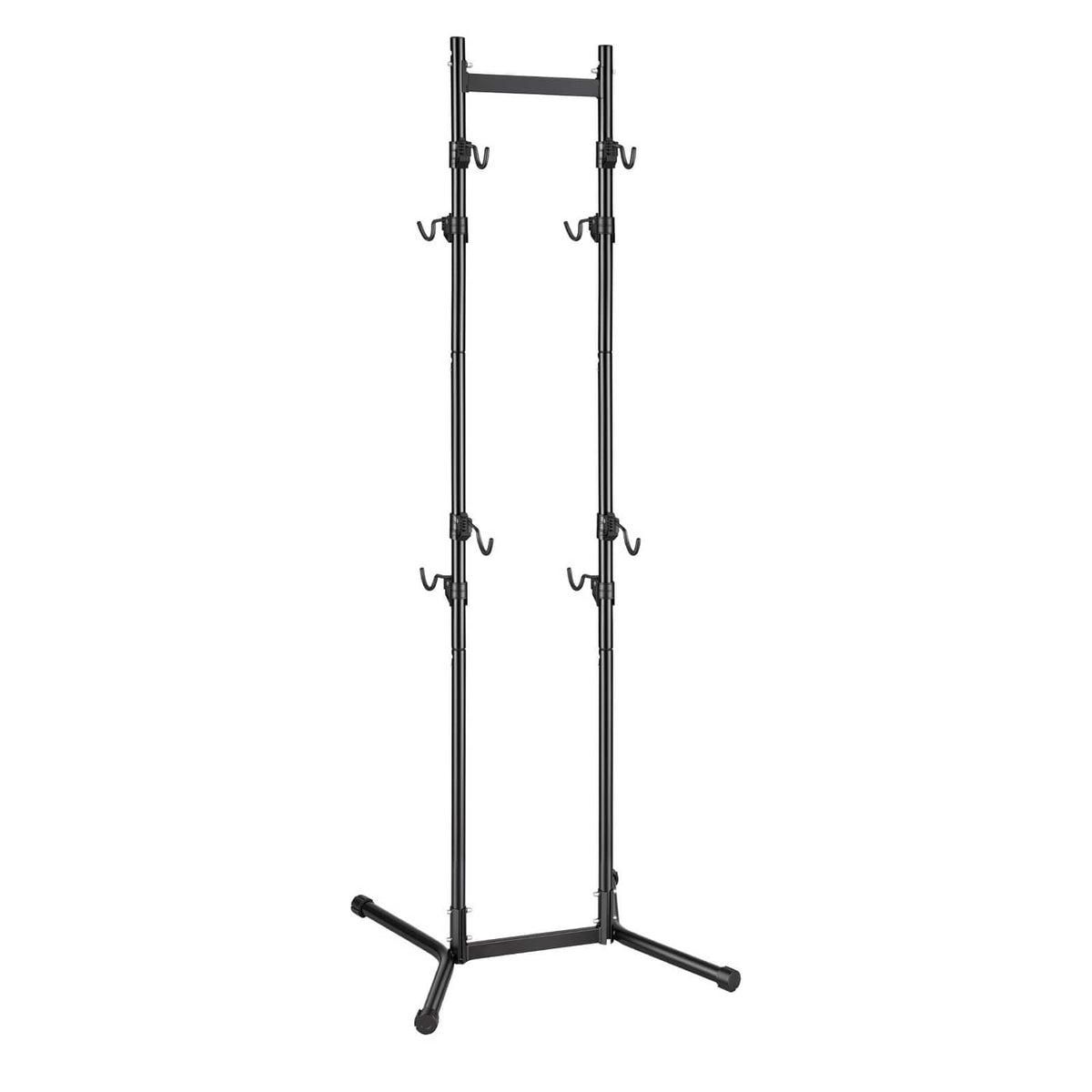 Freestanding vertical 4-bike rack with steel hooks on black double post stand