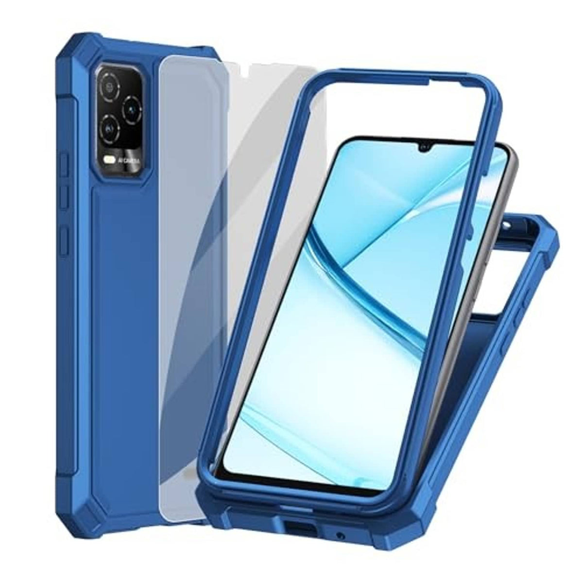 Blue dual-layer phone case with side buttons and raised camera opening; phone front visible