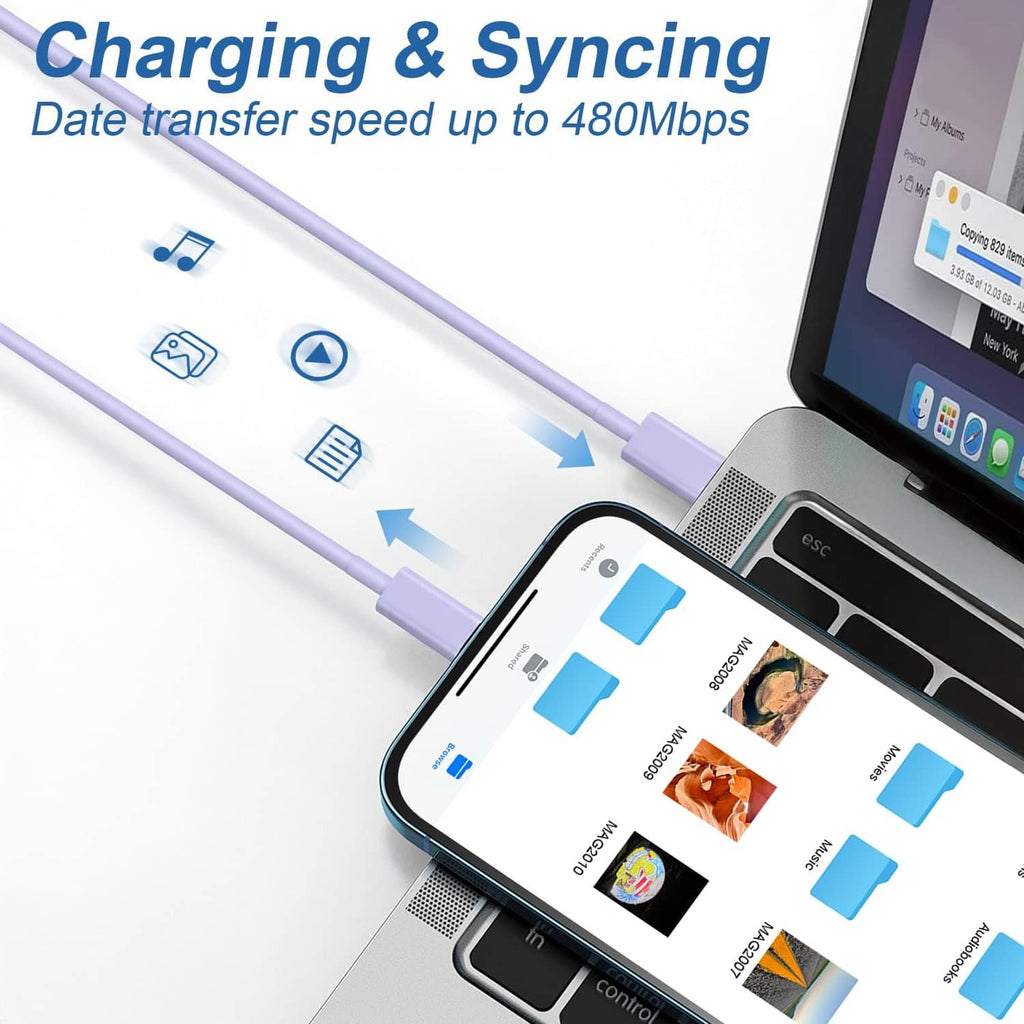 Purple long USB-C charging cable with connectors beside a smartphone and laptop