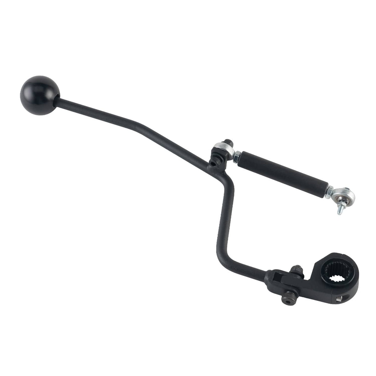 Black motorcycle hand shifter kit with ball lever, linkage rod, and mounting clamp