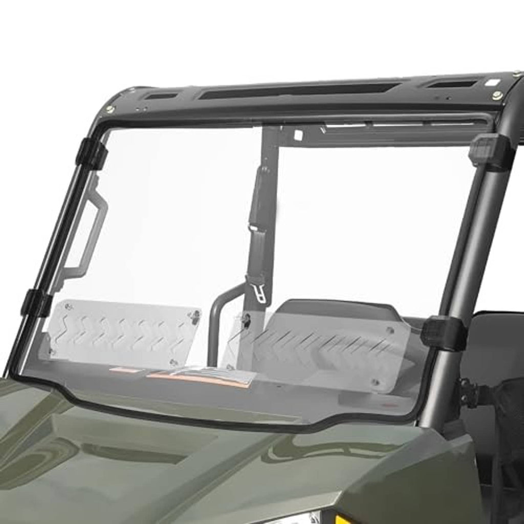 Hard front windshield with clear panel and black frame, mounted on UTV cab.