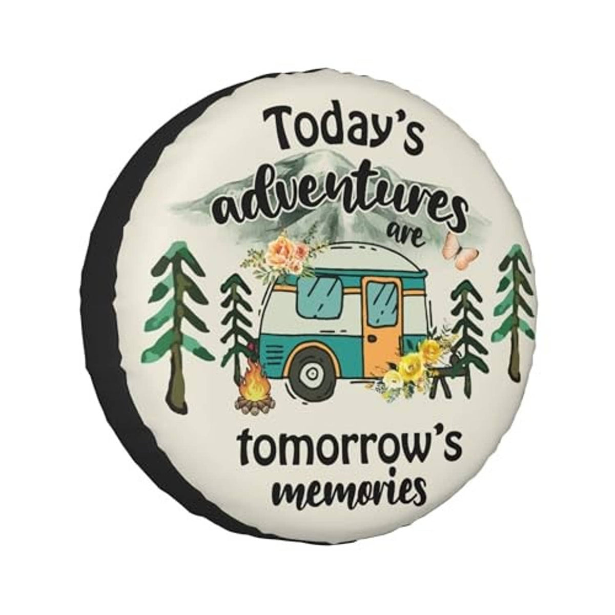 Cream spare tire cover with rim and camper graphic, 'Today’s adventures are tomorrow’s memories'