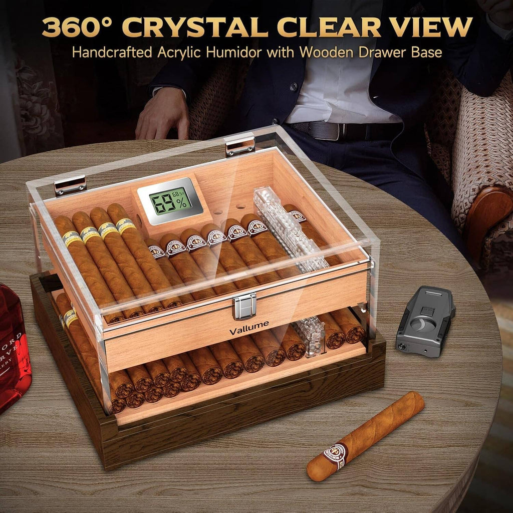 Clear acrylic cigar humidor on wooden drawer base with hygrometer screen and cedar insert