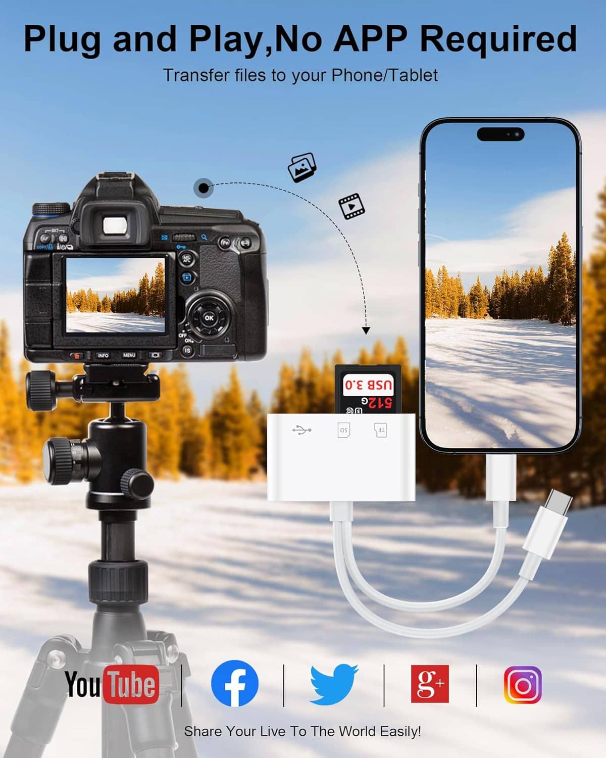 White SD card reader with USB cable connected to smartphone for camera card transfer.